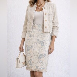 Albert Nipon Vintage Floral Jacquard Pencil Skirt Size 2 | Lace Hem Midi